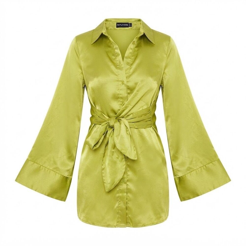PrettyLittleThing Lime Green Satin Shirt Dress Bell Sleeve Tie Front Mini US 4